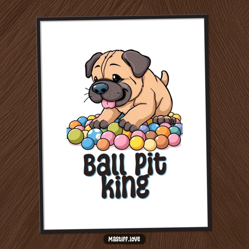 Funny Energetic Mastiff Poster showing an enthusiastic dog digging joyfully in a pile of colorful balls with a happy, playful expression.
