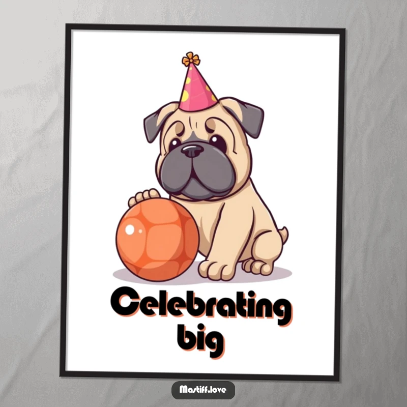 Funny poster print of a kawaii Mastiff wearing a small party hat, joyfully playing with a large ball.