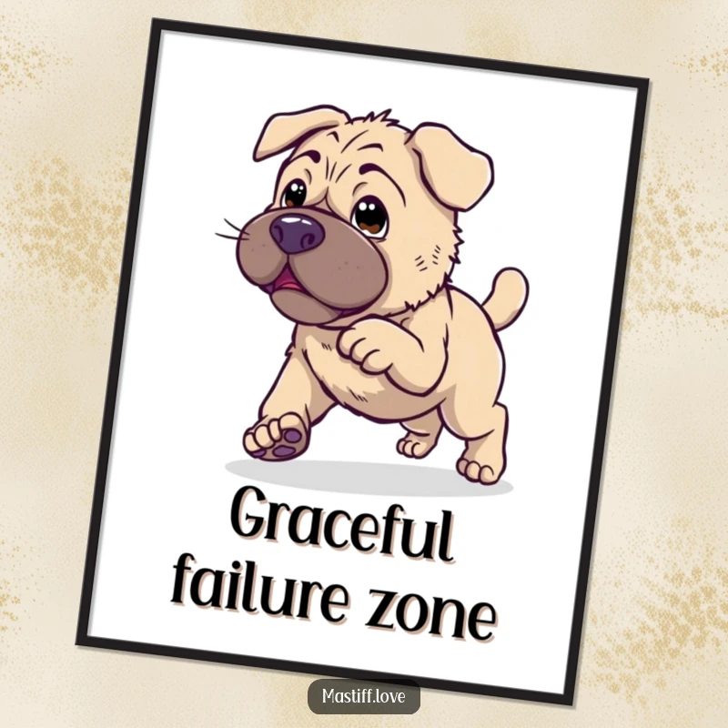 Clumsy Kawaii Mastiff Poster showing a cute dog endearingly attempting to hop, perfect for humorous wall decor.