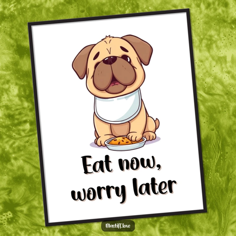 Hungry Kawaii Mastiff Poster showing a cute dog in a tiny bib, looking excitedly at food, adding charm to walls.