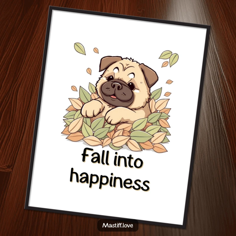 Happy Kawaii Mastiff Poster depicting a cute dog joyfully rolling in leaves, perfect for cozy autumn decor.