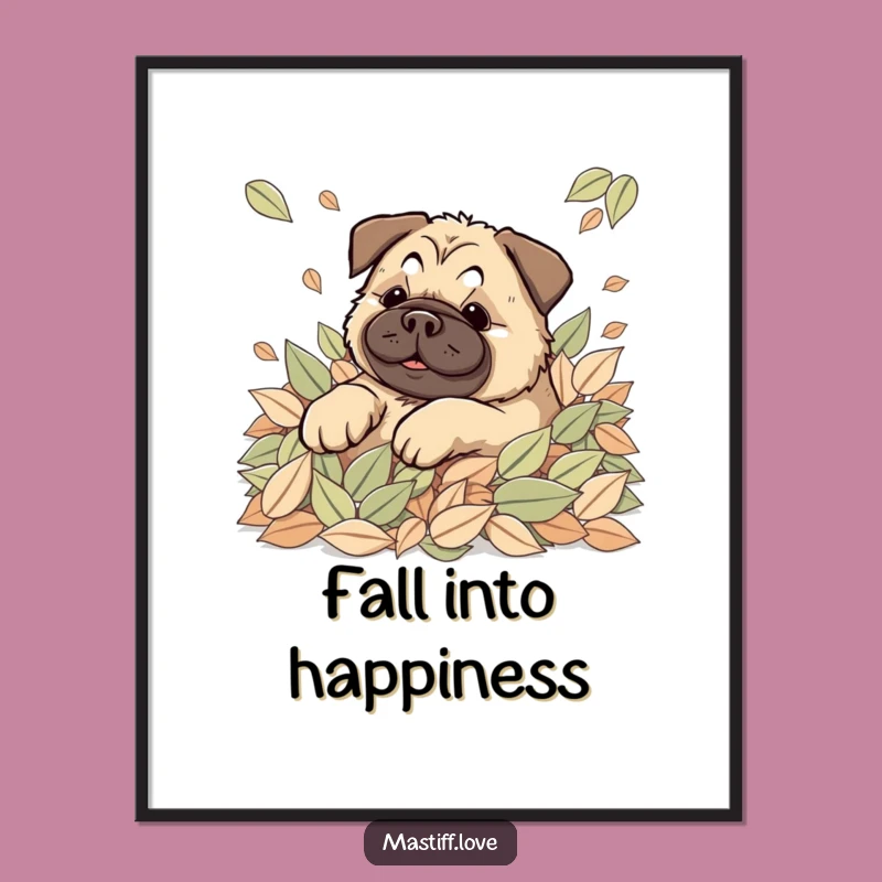 Happy Kawaii Mastiff Leaves Poster: Rolling Dog Fun, Cozy Autumn Wall Art