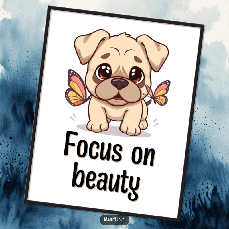 Kawaii Mastiff Poster depicting a cute dog with innocent eyes chasing a butterfly, adding sweet charm to decor.