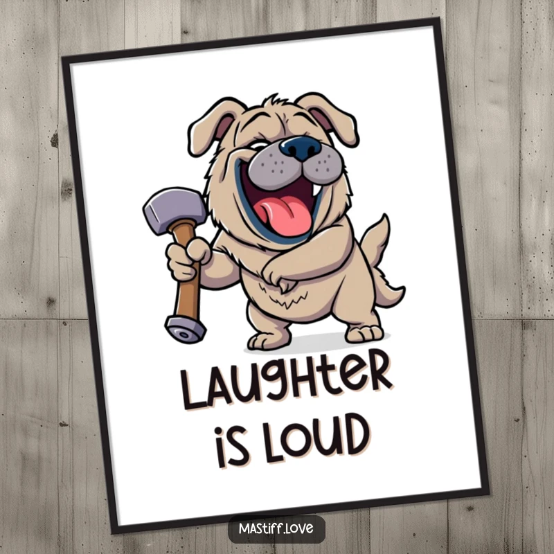 Funny Jovial Mastiff Poster showing a happy dog roaring with laughter while holding a giant squeaky hammer with a wide, gleeful grin.