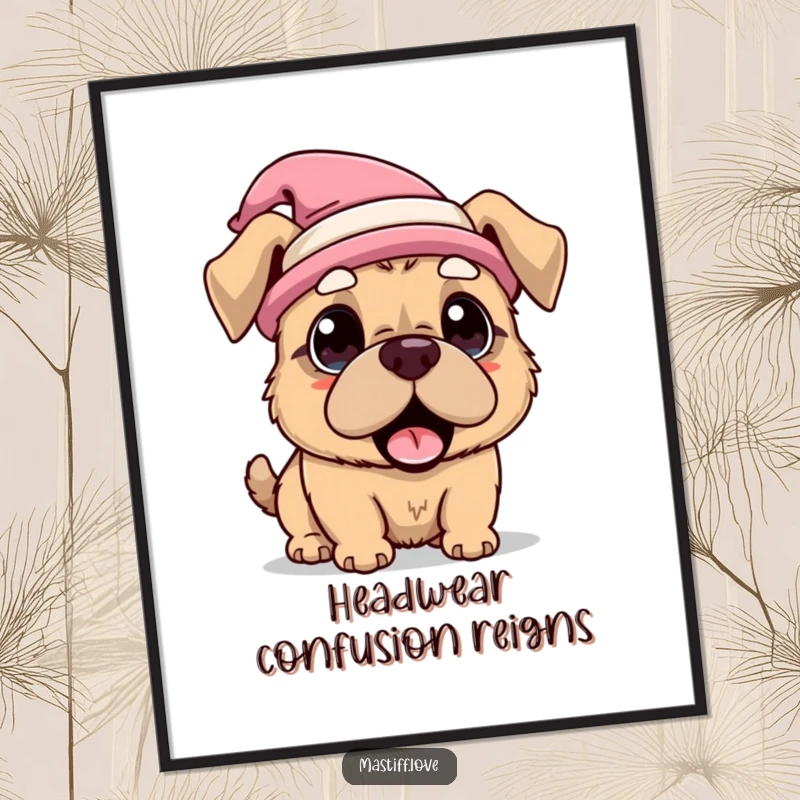 Funny Poster print of a kawaii mastiff dog wearing an amusing hat and looking comically surprised, adding humor to any room.