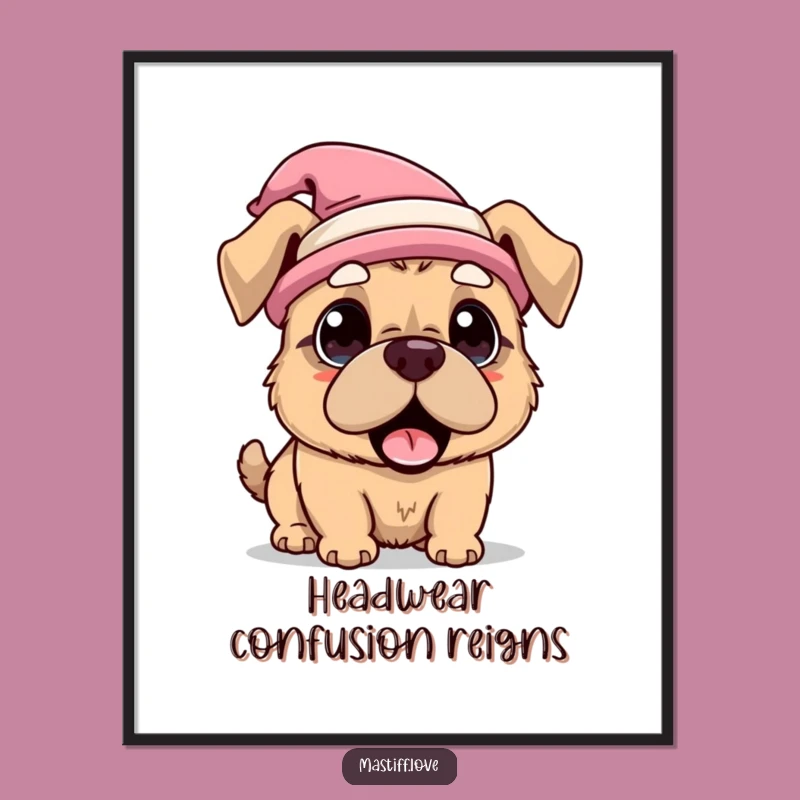 Funny Kawaii Mastiff Hat Surprise Poster, Whimsical Dog Wall Art Gift