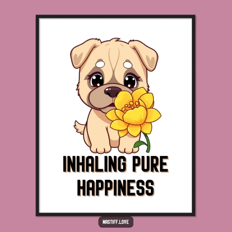 Funny Kawaii Mastiff Poster: Curious Dog Sniffing Flower, Whimsical Humorous Art Gift