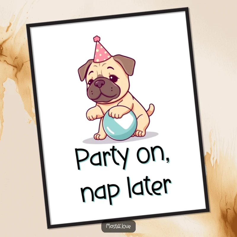 Funny kawaii mastiff poster, a dog wearing a party hat, focused on playing with a giant ball, energetic and cute.