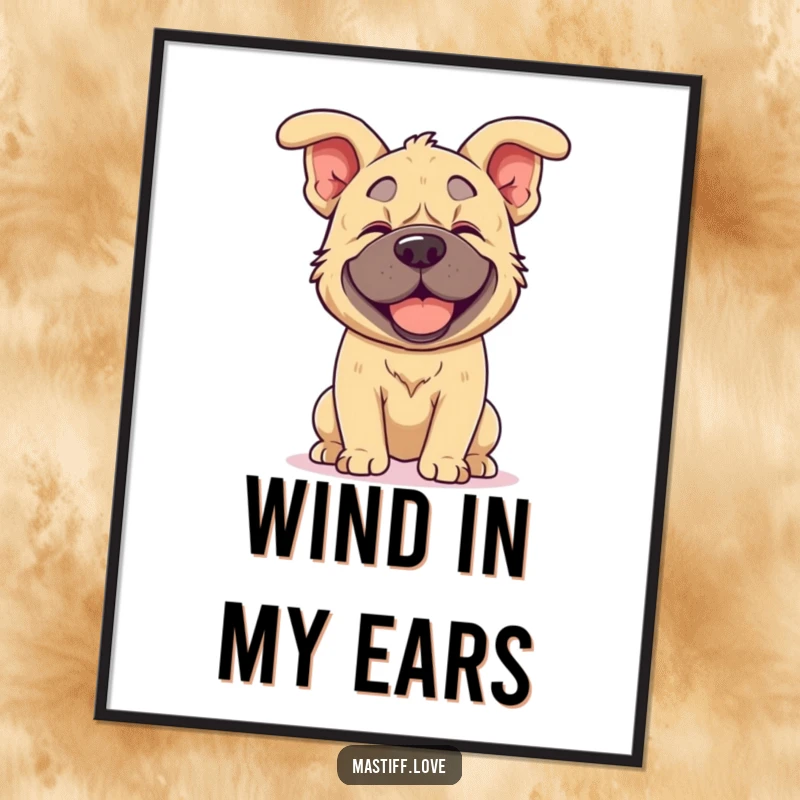 Funny kawaii mastiff poster depicting a mastiff energetically shaking its head, its floppy ears flying dramatically, symbolizing pure happiness.