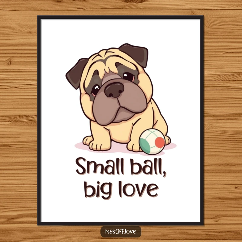 Funny kawaii mastiff poster featuring a sweet mastiff with large jowls gently nudging a tiny ball, capturing endearing doggy playtime.