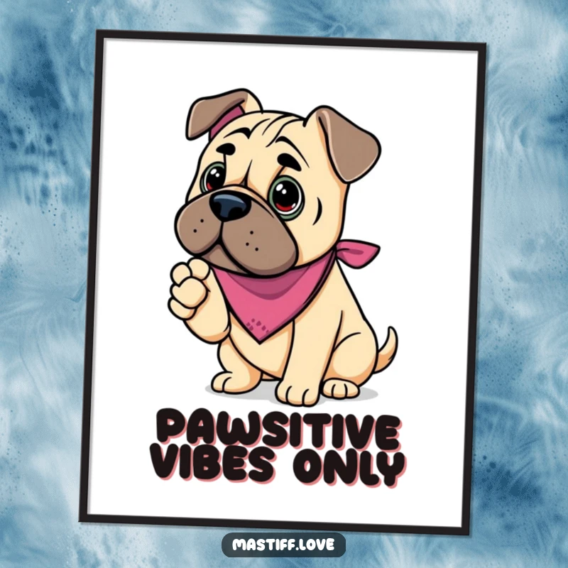 Funny kawaii mastiff poster, a dog in a bandana offering its paw, conveying warmth and friendship.
