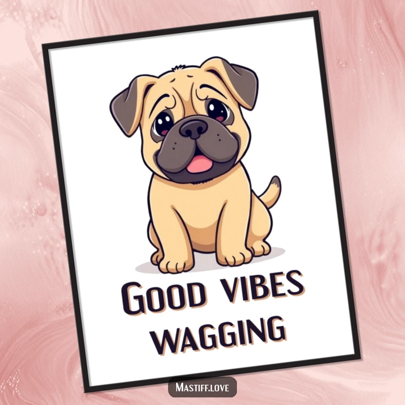 Funny kawaii mastiff poster, a dog with large floppy ears, its tail wagging vigorously, conveying excitement and love.