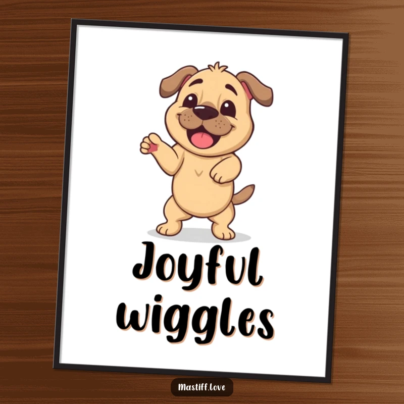 Funny poster print of a happy mastiff doing a silly, wiggling dance, bringing energetic and humorous vibes to any room.