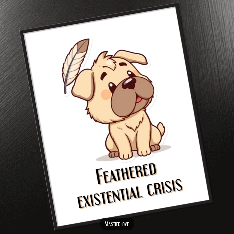 Funny Poster: A curious mastiff tilts its head, observing a floating feather with gentle wonder. Humorous wall art for quiet contemplation.