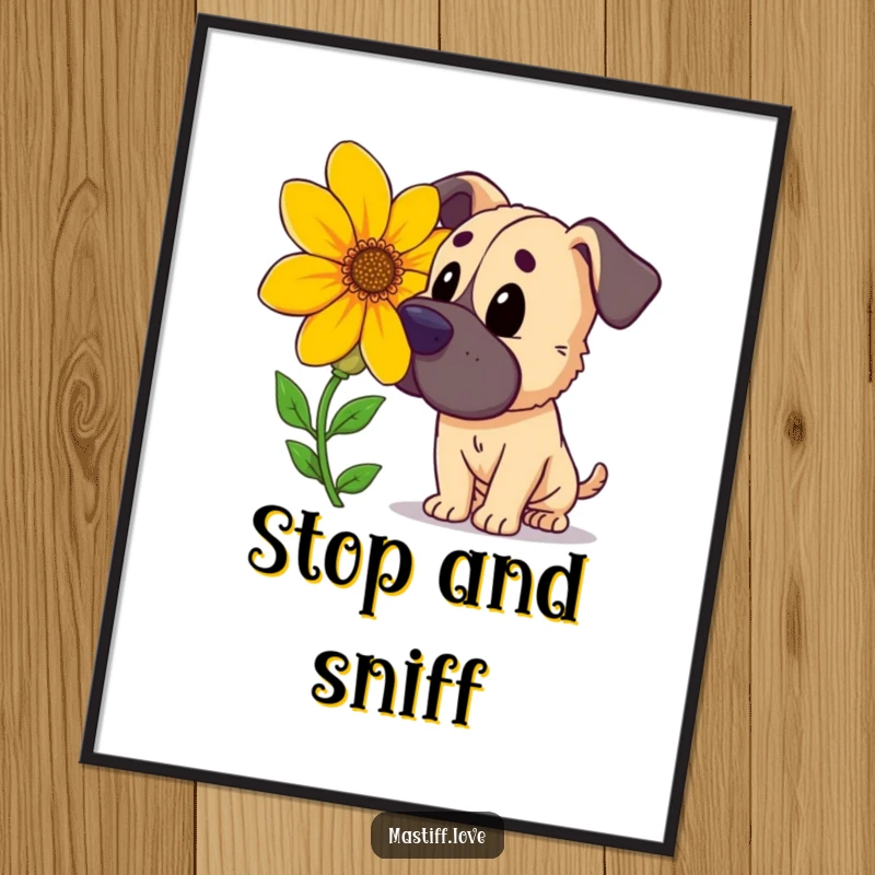 Funny curious mastiff, sniffing a large, brightly colored flower, cartoon nature art, perfect funny gift.