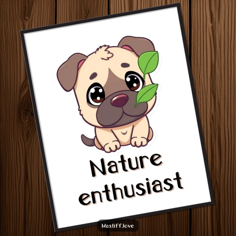 Funny poster print of a cute mastiff with wide, curious eyes, attentively watching a single leaf flutter.