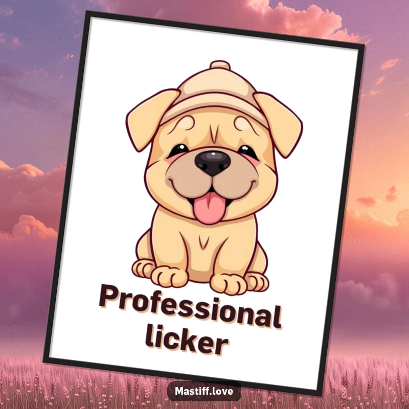 Funny Mastiff Puppy Poster: a cute mastiff puppy wearing a hat, giving a gentle lick, creating a heartwarming and cheerful atmosphere.