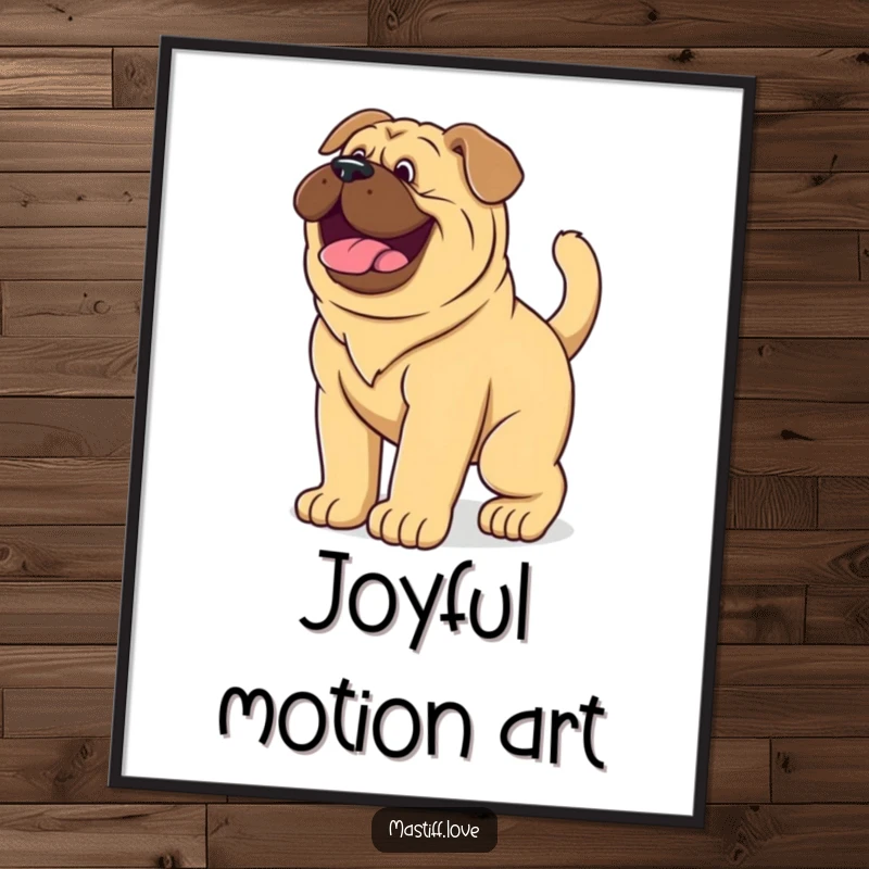 Funny Poster showcasing a giant mastiff puppy wagging its tail vigorously, embodying pure doggy delight.