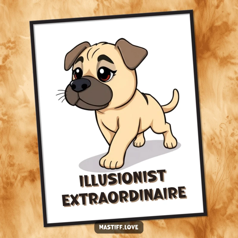 Funny Mastiff Poster: A friendly dog passionately pursues its shadow, creating a humorous and relatable scene of canine energy.