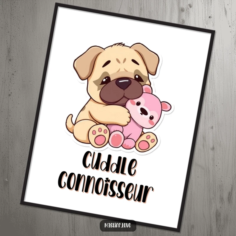 Funny Poster: A tiny mastiff happily snuggles with a plush toy, embodying pure contentment and comfort. Heartwarming wall art for dog lovers.