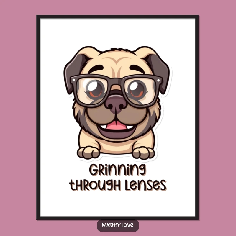 Funny Kawaii Mastiff Glasses Poster: Goofy Grin, Comical Wall Art