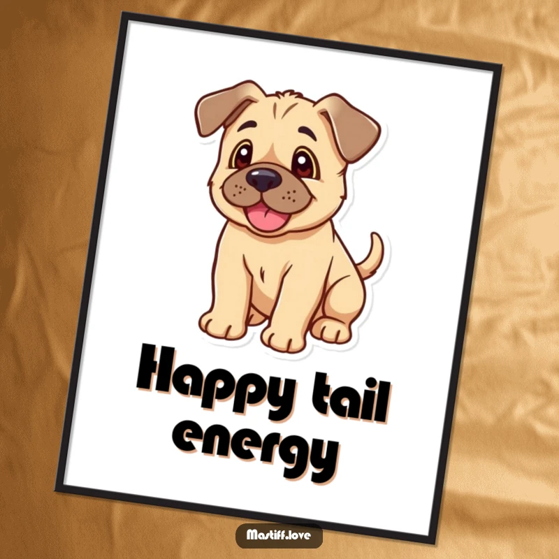 Funny Kawaii Mastiff Puppy Poster: Charming wall art of a mastiff puppy with floppy ears, gleefully wagging its tail.