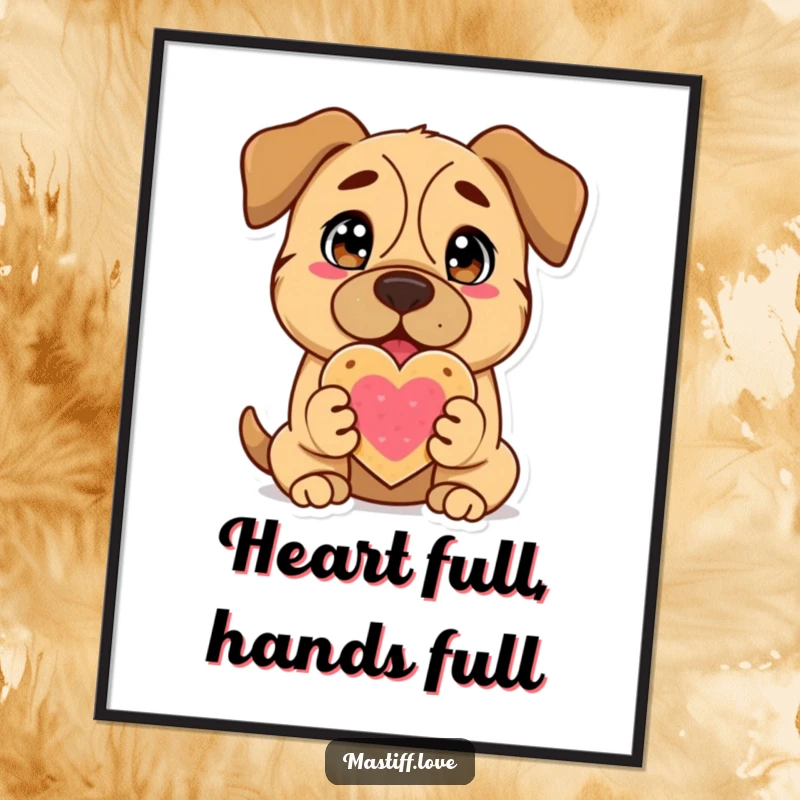 Funny Mastiff Poster: A cheerful Mastiff holding a heart cookie with pure adoration, its eyes full of love and sweetness.