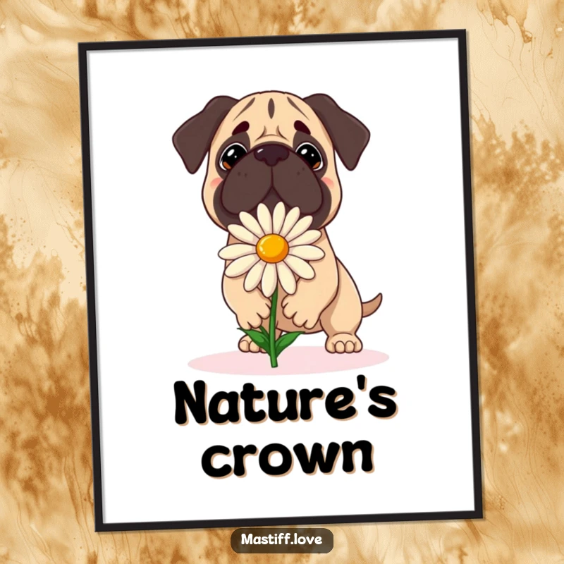 Funny Mastiff Poster: A dog attempts to balance a large daisy with a focused expression, showcasing gentle focus.