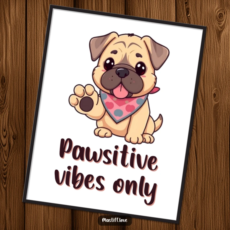 Funny kawaii mastiff poster, a cute dog wearing a bandana, offering its paw in a friendly gesture, heartwarming art.