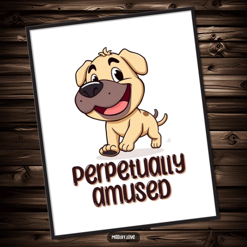 Funny mastiff with a wide, goofy grin, chasing its stubby tail, displayed on a poster for hilarious decor.
