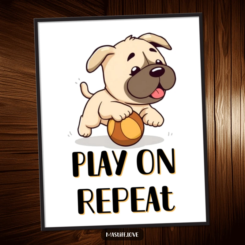 Funny cute mastiff puppy, chasing a rolling ball with cartoonish excitement, delightful wall art, perfect funny gift.