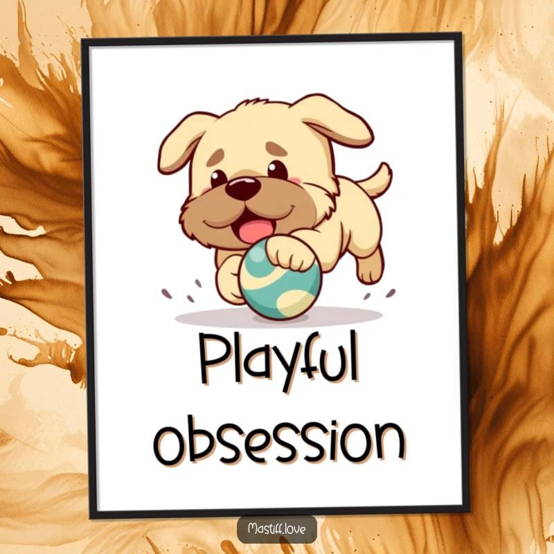 Funny poster art of a Kawaii-style mastiff puppy in playful pursuit of a bouncing toy, full of energy.