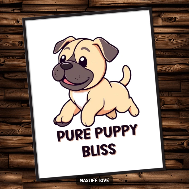 Funny poster art of a cute mastiff puppy captured mid-leap, its tail wagging with overwhelming happiness.