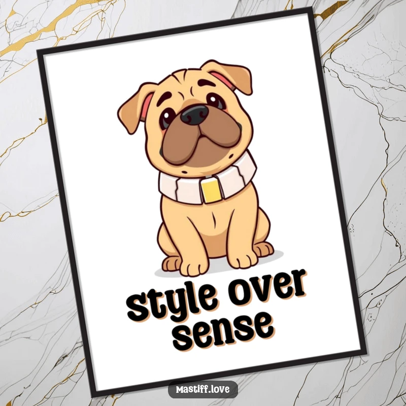 Funny Mastiff Poster: A dog looks endearingly clumsy in an oversized collar, a humorous and charming piece of art.