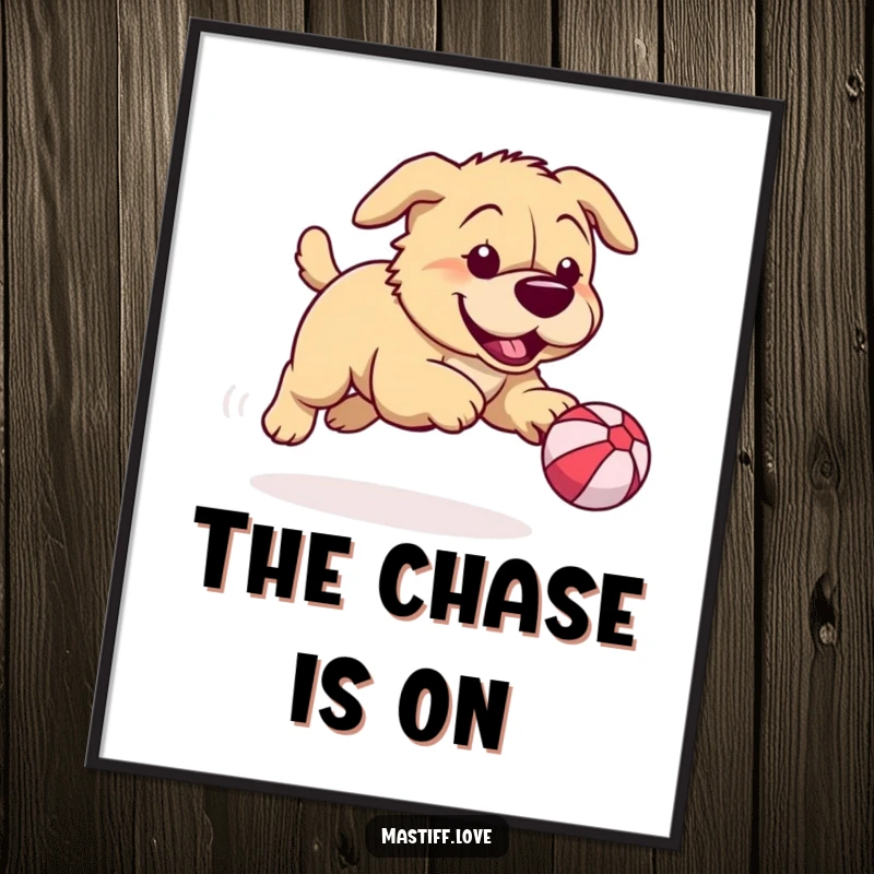 Funny mastiff poster illustrating a playful dog enthusiastically chasing a comically small bouncy ball, a humorous piece of art for dog lovers.