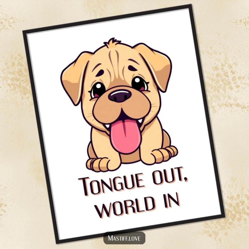 Funny kawaii mastiff puppy poster, showing a cute dog panting with an exaggeratedly large, joyful tongue, full of character.