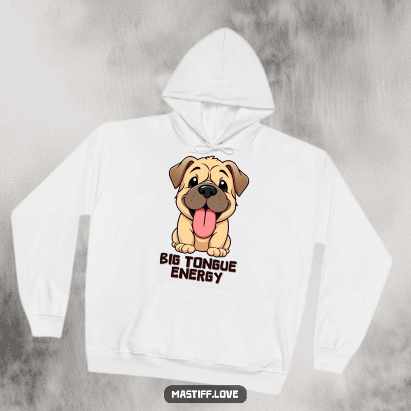 Funny hoodie with a kawaii Mastiff puppy character panting adorably, a big, happy tongue hanging out.