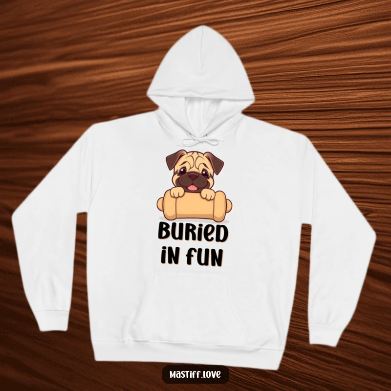 Funny mastiff puppy hoodie featuring a joyful puppy peeking from a large chew toy, perfect for cozy, cute wear.