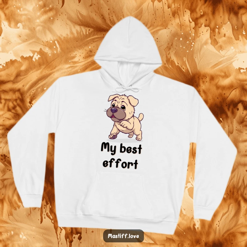 Cozy Kawaii Mastiff Hoodie showing a cute dog endearingly attempting to hop, offering comfort and humor.