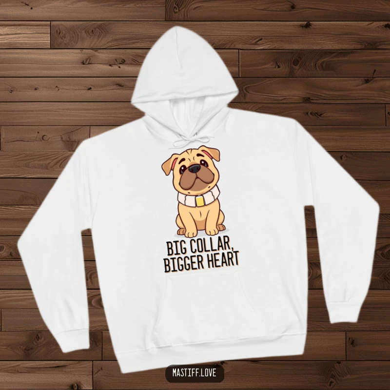 Funny Mastiff Hoodie: A dog looks endearingly clumsy in an oversized collar, radiating warmth and sweet awkwardness.
