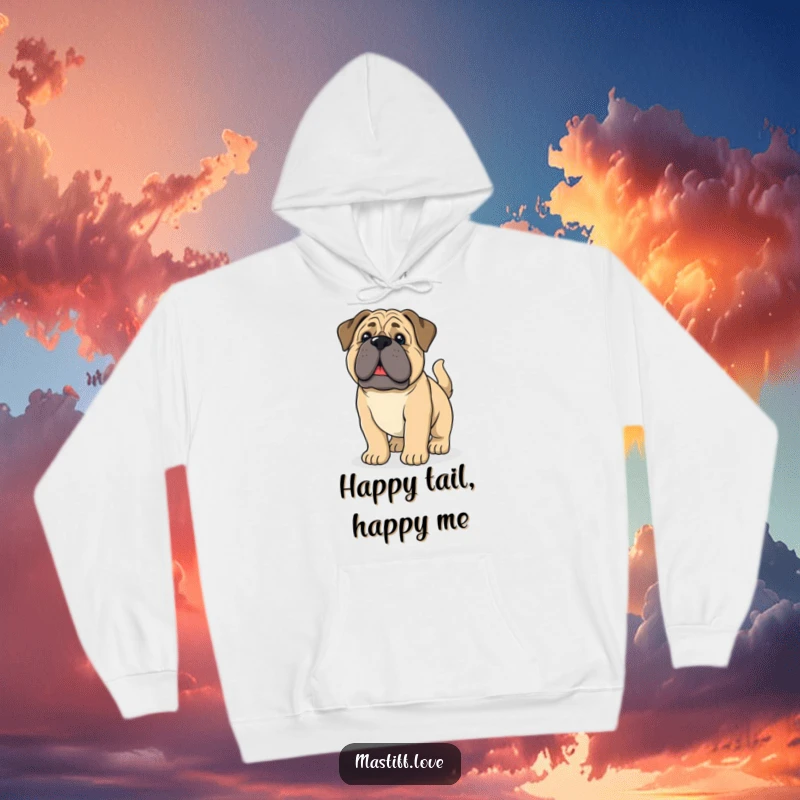 Funny, droopy-eared mastiff puppy with a wildly wagging tail, printed on a soft, comfortable hoodie.