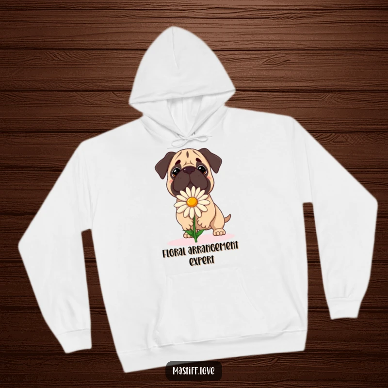Funny Mastiff Hoodie: A dog attempts to balance a large daisy with a focused expression, radiating gentle determination.