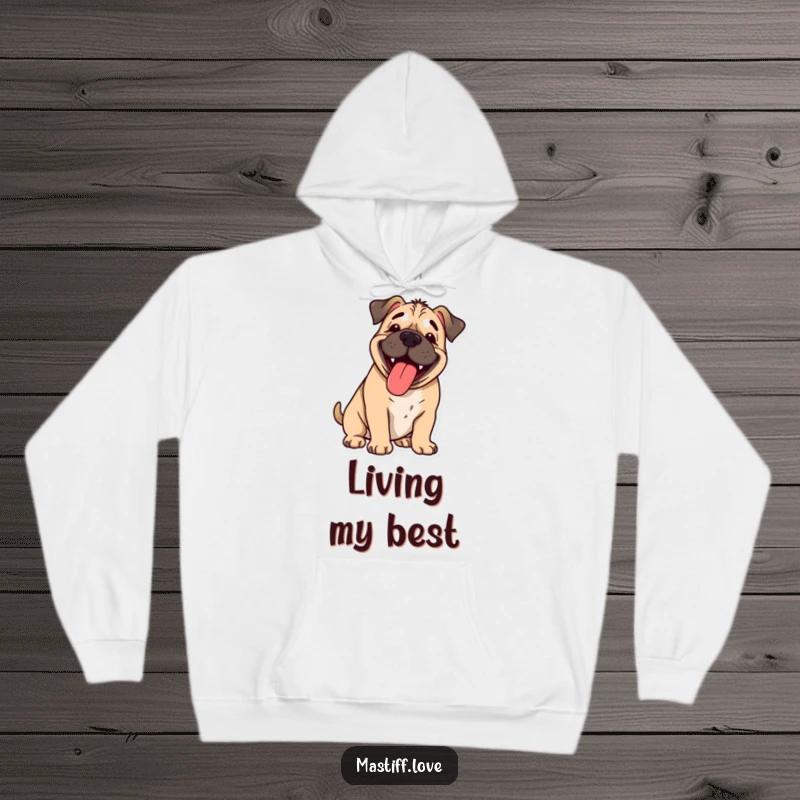 Funny happy mastiff, tongue lolling out, panting with cartoon joy, cozy hoodie, perfect funny gift idea.