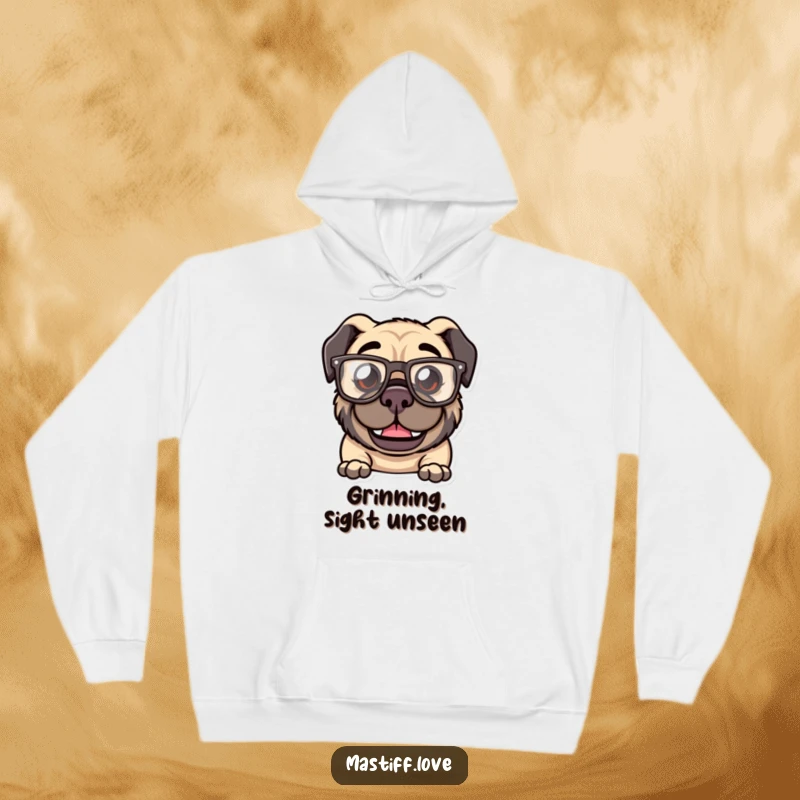 Funny Kawaii Mastiff Hoodie: A cozy hoodie featuring a mastiff with a goofy grin and oversized, comical glasses.
