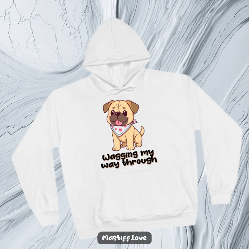 Funny kawaii mastiff hoodie showing a cute mastiff wearing a bandana and wagging its tail, perfect for cozy moments with a touch of style.
