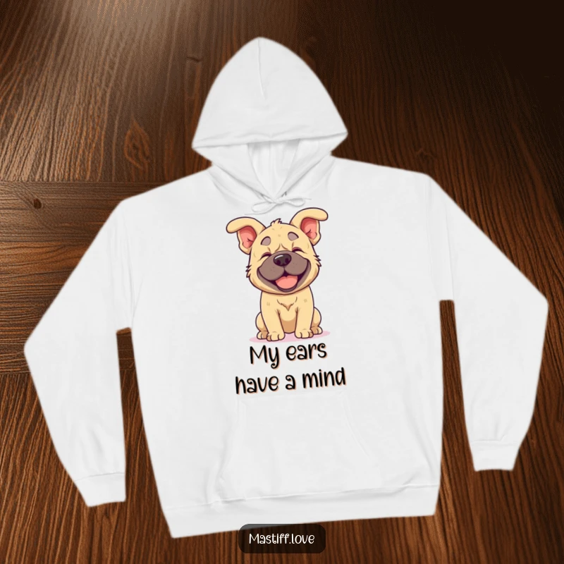 Funny kawaii mastiff hoodie showing a joyful mastiff shaking its head, its big floppy ears creating a hilarious visual effect, perfect for comfort.