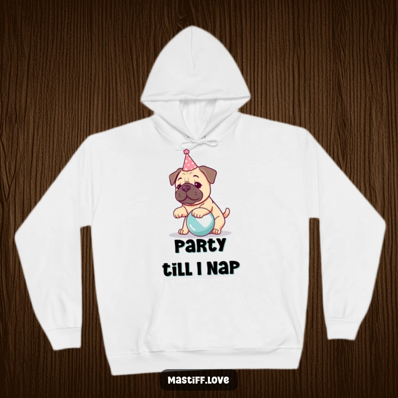 Funny kawaii mastiff hoodie, a dog wearing a small party hat with a big ball, ready for festivities.