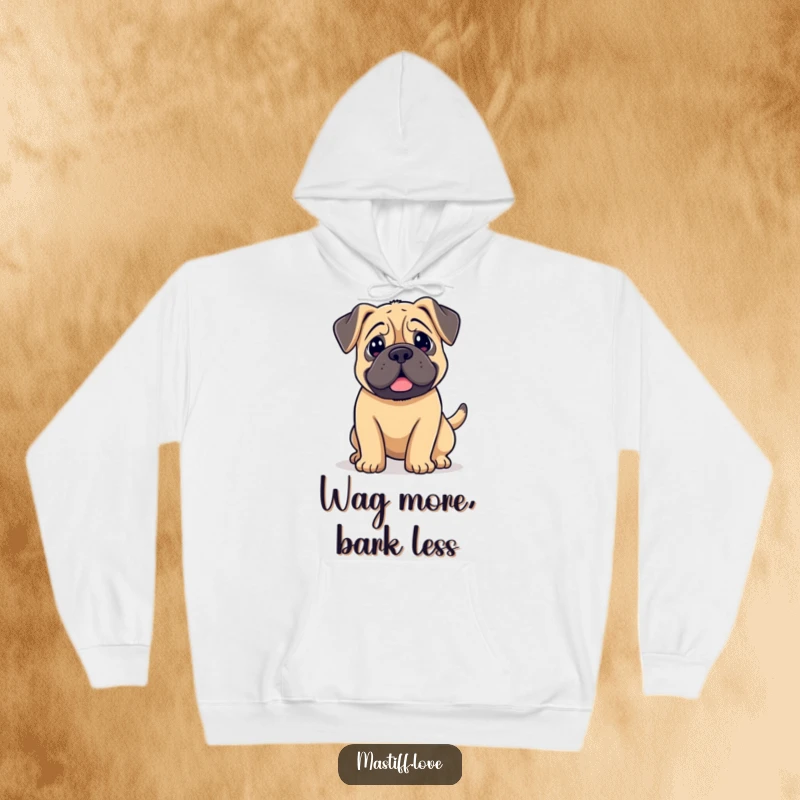 Funny kawaii mastiff hoodie, a cute dog with long floppy ears, its tail wagging uncontrollably with pure joy.