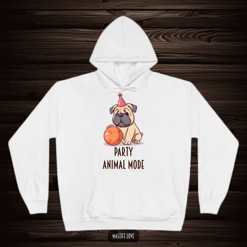 Funny hoodie with a kawaii Mastiff puppy wearing a small party hat, having a blast with a big ball.