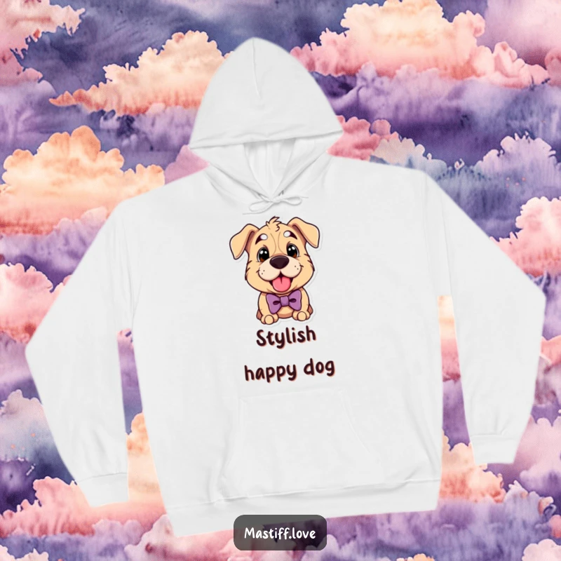 Funny mastiff hoodie featuring a cute dog wearing a bowtie and panting happily, perfect for cozy, stylish wear.